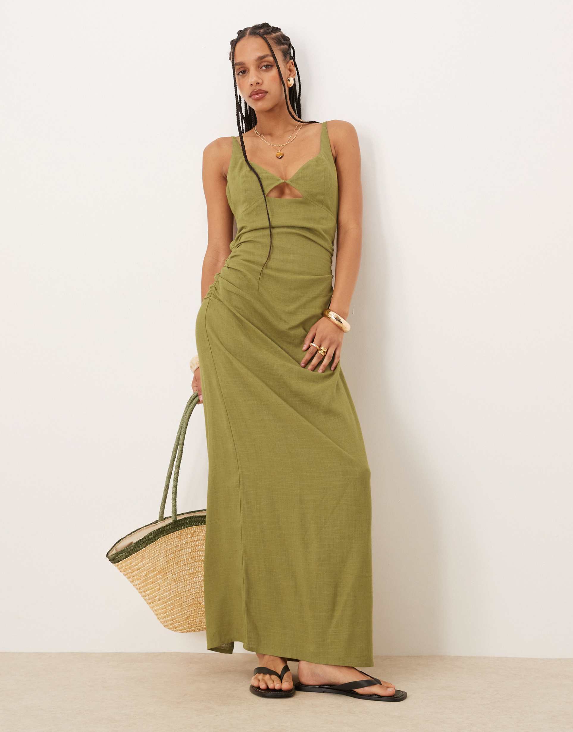 asos design linen mix maxi sundress with bralet cut out in olive