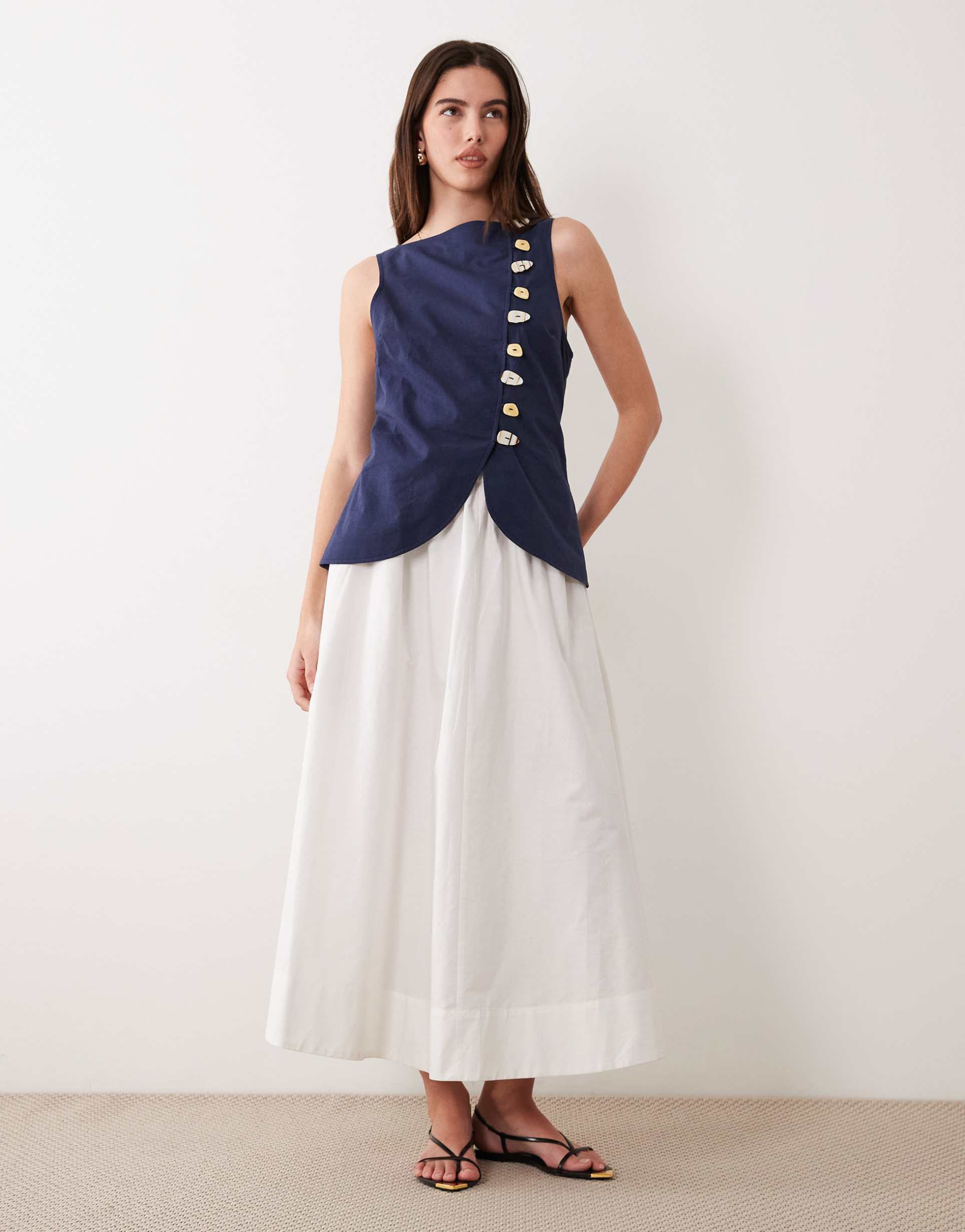 asos design linen mix maxi vest dress with poplin skirt in navy and white
