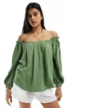 [ASOS DESIGN] ASOS DESIGN linen mix off shoulder pleated top in khaki-Green S Khaki