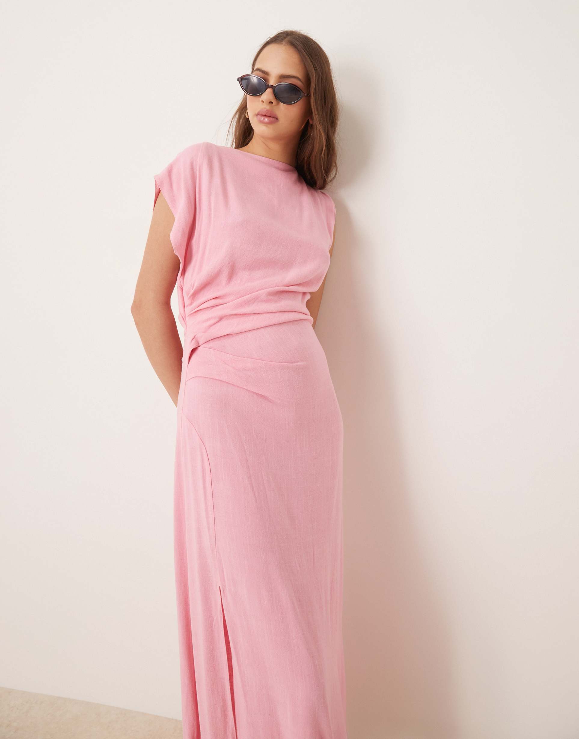 asos design linen mix open back draped waist midaxi dress in pink