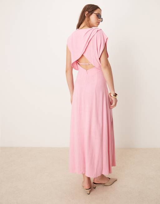ASOS DESIGN linen mix open back draped waist midaxi dress in pink