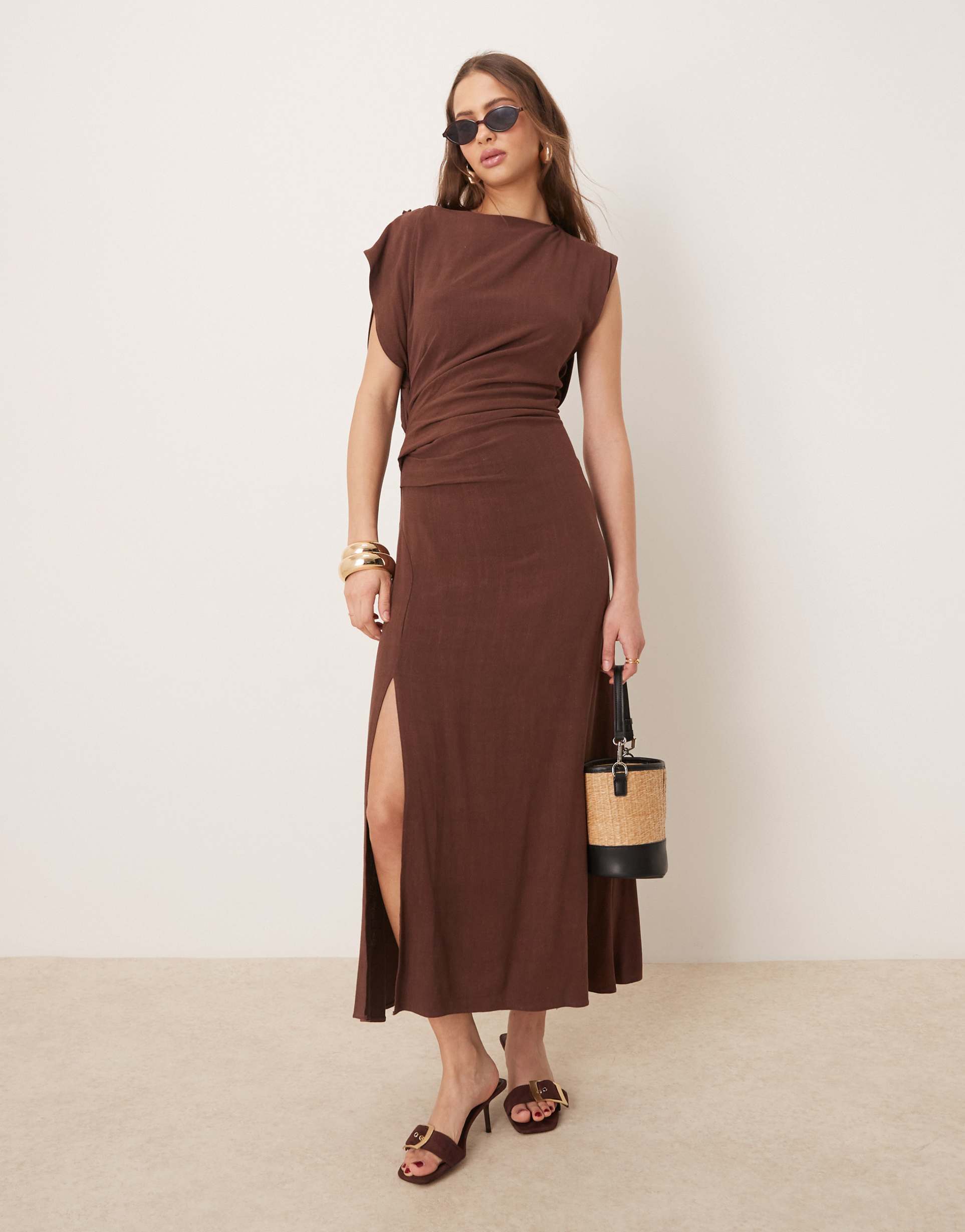 asos design linen mix open back draped waist midi dress in chocolate