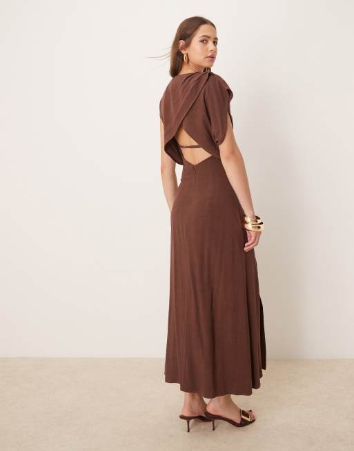 ASOS DESIGN linen mix open back draped waist midi dress in chocolate