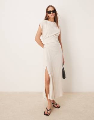 ASOS DESIGN linen mix open back draped waist midi dress in oat-Neutral