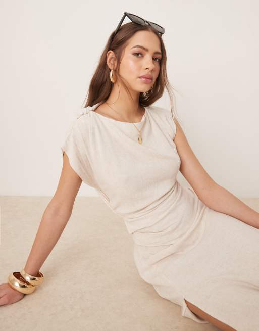 ASOS DESIGN linen mix open back draped waist midi dress in oat