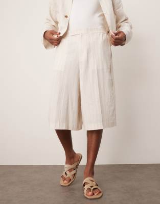 linen mix oversized bermuda shorts in stone pinstripes-Neutral