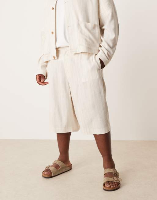 ASOS DESIGN linen mix oversized bermuda shorts in stone pinstripes