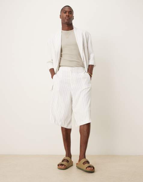 ASOS DESIGN linen mix oversized bermuda suit shorts in white pinstripe - view 1