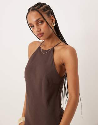 ASOS DESIGN linen mix racer maxi sundress in bitter chocolate