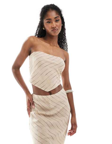 ASOS DESIGN linen look scarf bandeau co-ord in natural stripe