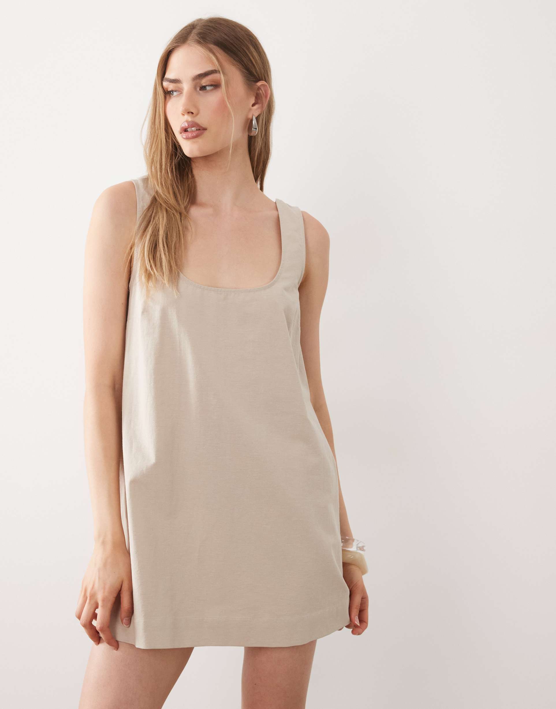 asos design linen mix scoop neck mini dress in natural
