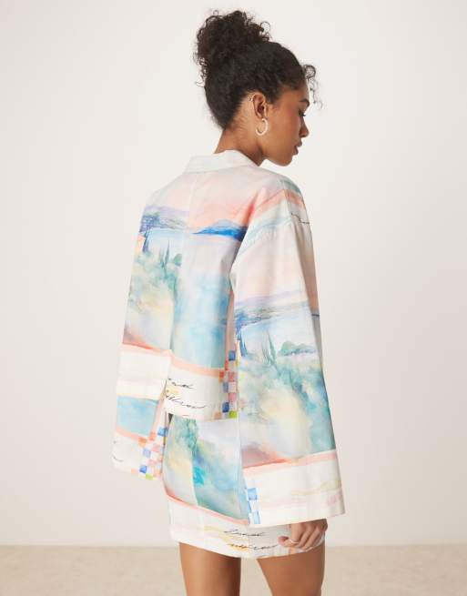 ASOS DESIGN linen mix shirt in washed postcard print - part of a set, 2 of 4