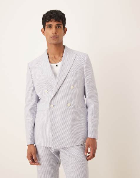 ASOS DESIGN linen mix slim suit jacket in blue pinstripe - view 1