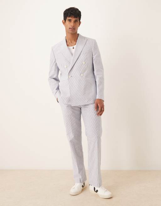 ASOS DESIGN linen mix slim suit jacket in blue pinstripes