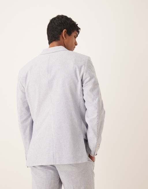 ASOS DESIGN linen mix slim suit jacket in blue pinstripes