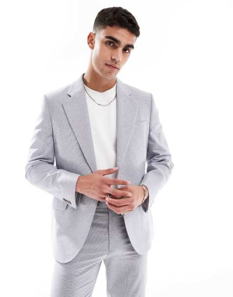 ASOS DESIGN linen mix slim suit jacket in gray puppytooth - view 1