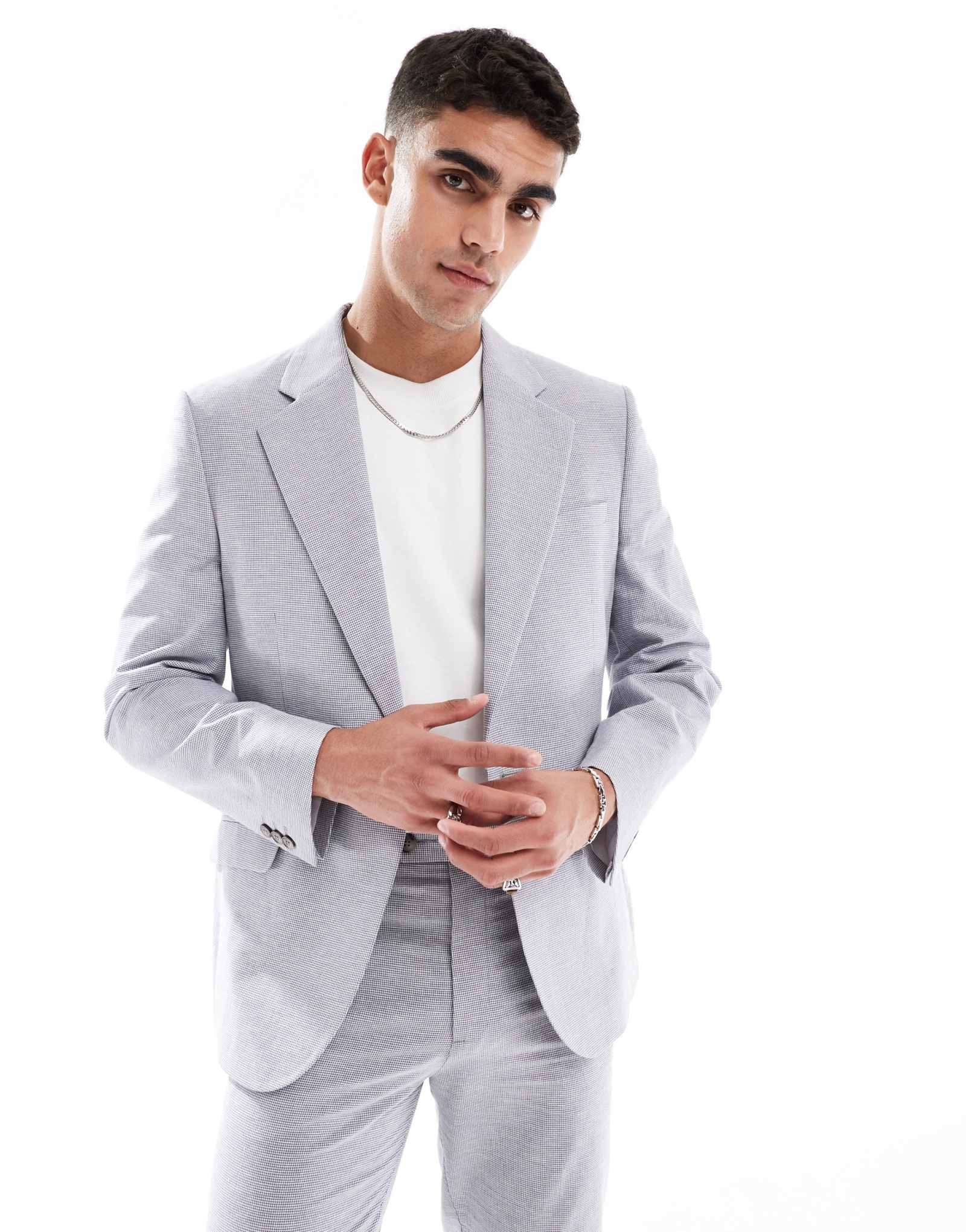 Приталенный пиджак из льняной смеси ASOS DESIGN серого цвета в щенячью клетку