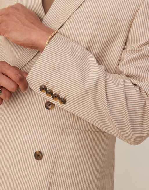 ASOS DESIGN linen mix slim suit jacket in stone stripes, 2 of 5