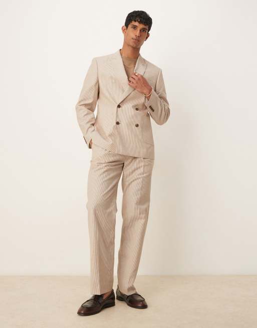 ASOS DESIGN linen mix slim suit jacket in stone stripes, 3 of 5