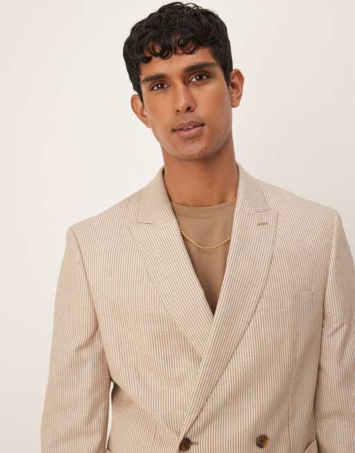 ASOS DESIGN linen mix slim suit jacket in stone stripes, 5 of 5