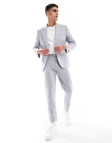 ASOS DESIGN linen mix tapered suit trousers grey puppytooth