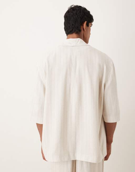 ASOS DESIGN linen mix slouchy oversized suit jacket in stone pinstripe, 3 of 5