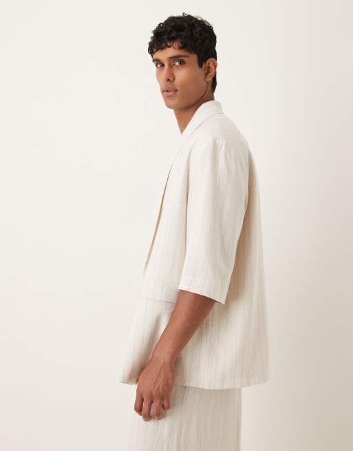 ASOS DESIGN linen mix slouchy oversized suit jacket in stone pinstripe, 4 of 5
