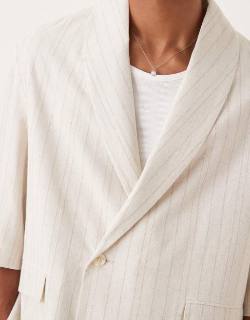 ASOS DESIGN linen mix slouchy oversized suit jacket in stone pinstripe, 5 of 5