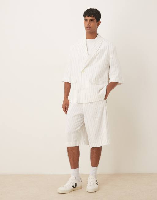 ASOS DESIGN linen mix slouchy oversized suit jacket in white pinstripe, 2 of 5