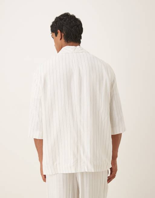 ASOS DESIGN linen mix slouchy oversized suit jacket in white pinstripe, 3 of 5