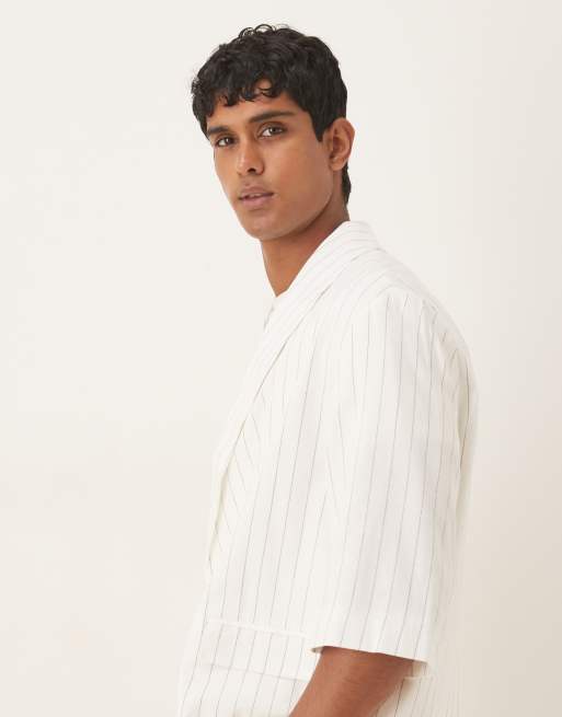 ASOS DESIGN linen mix slouchy oversized suit jacket in white pinstripe, 4 of 5