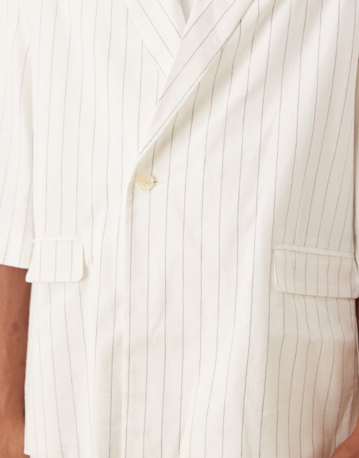ASOS DESIGN linen mix slouchy oversized suit jacket in white pinstripe, 5 of 5