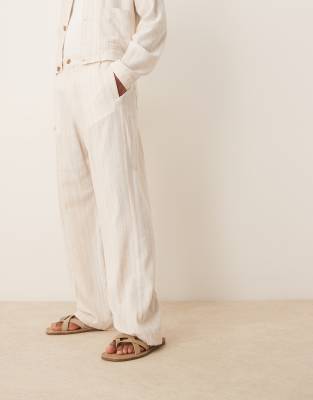 linen mix straight leg dress pants in stone pinstripes - part of a set-Neutral