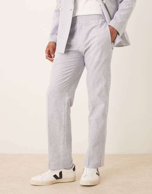 ASOS DESIGN linen mix straight leg suit pants in blue pinstripes