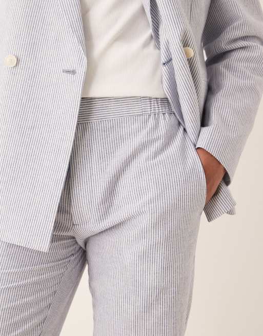 ASOS DESIGN linen mix straight leg suit pants in blue pinstripes