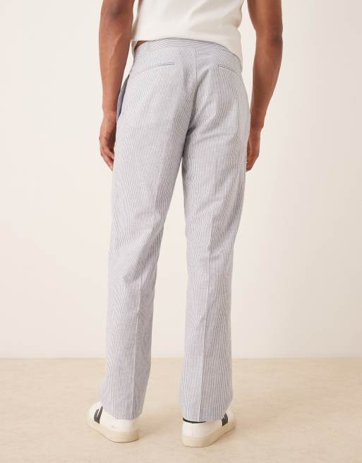 ASOS DESIGN linen mix straight leg suit pants in blue pinstripes