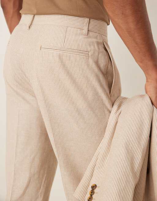 ASOS DESIGN linen mix straight leg suit pants in stone stripes