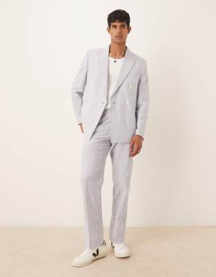 ASOS DESIGN linen mix straight leg suit trousers in blue pinstripe