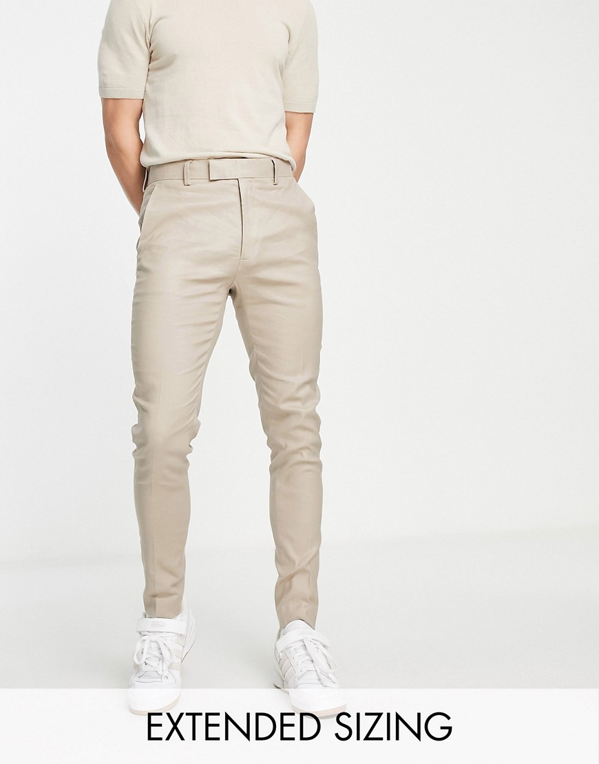 ASOS DESIGN linen mix super skinny smart trousers in stone-Neutral