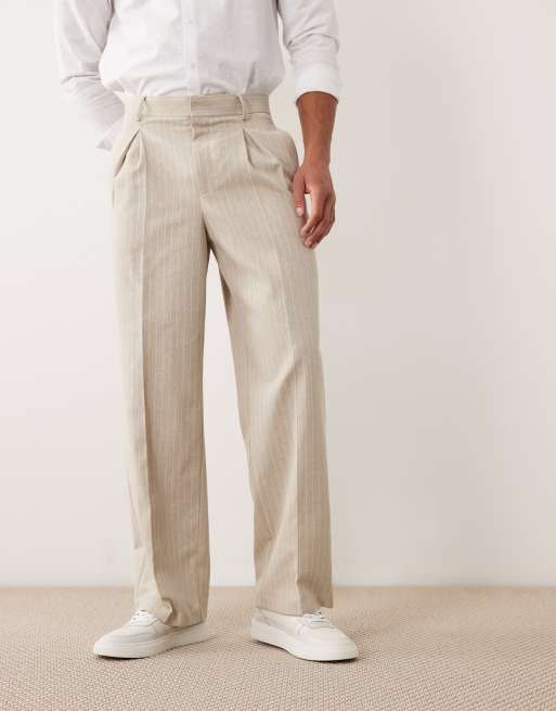 ASOS DESIGN linen mix tailored pleated wide leg pants in stone pinstripe, 2 of 5