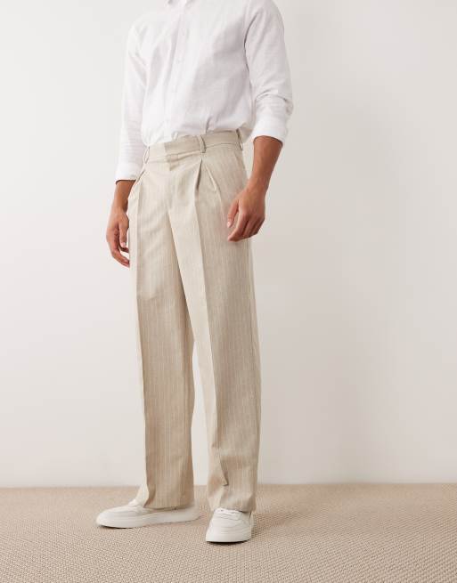 ASOS DESIGN linen mix tailored pleated wide leg pants in stone pinstripe, 3 of 5