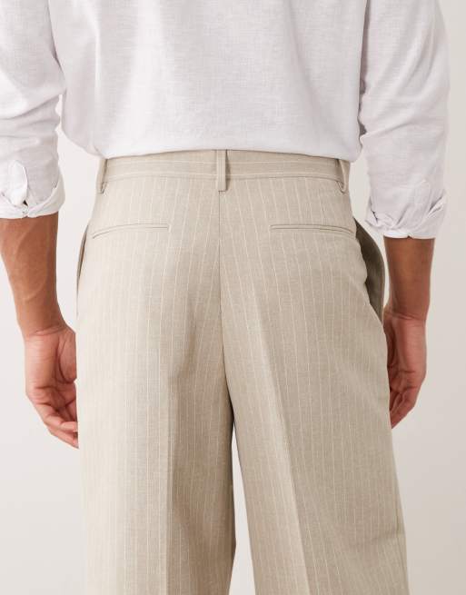 ASOS DESIGN linen mix tailored pleated wide leg pants in stone pinstripe, 5 of 5
