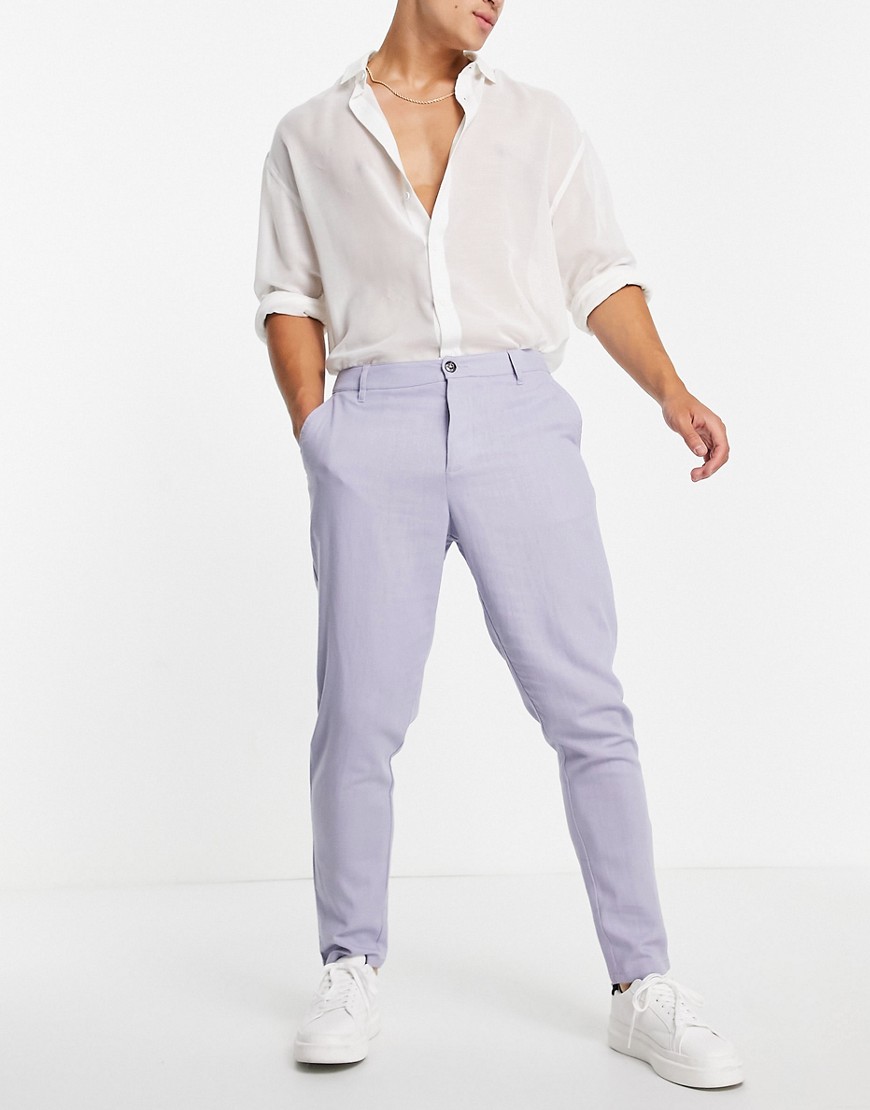 ASOS DESIGN linen mix tapered pants in pastel blue-Blues