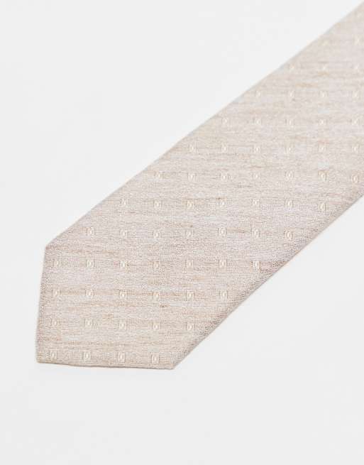 ASOS DESIGN linen mix texture tie with micro pattern in beige, 3 of 3