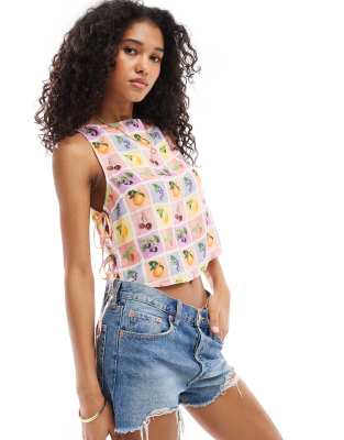 ASOS DESIGN linen mix tie side top in tile fruit print-Multi