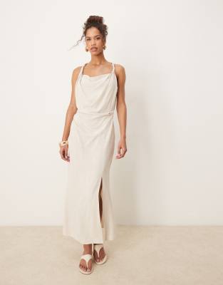 Asos Design Linen Mix Twist Shoulder Detail Midi Dress With Ruching