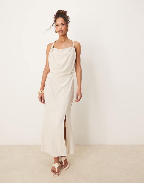 ASOS DESIGN linen mix twist shoulder detail midi dress with ruching in oat - view 1