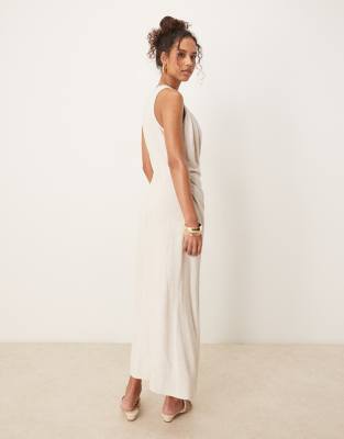Asos Design Linen Mix Twist Shoulder Detail Midi Dress With Ruching