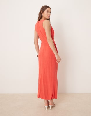 Shop Asos Design Linen Mix Twist Shoulder Detail Midi Dress With Ruching