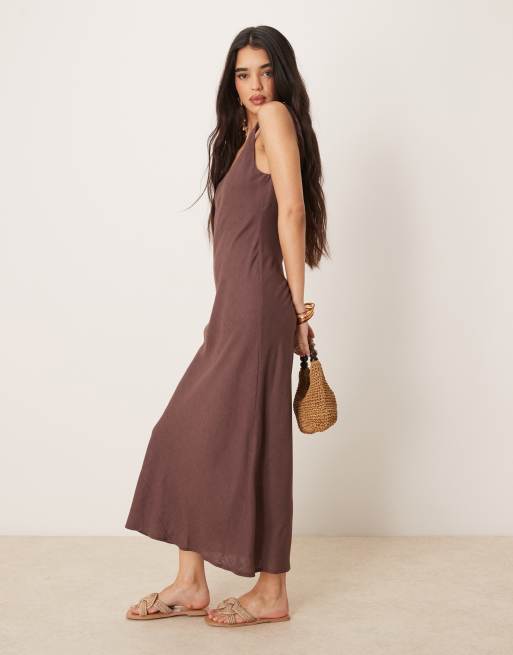 ASOS DESIGN linen mix twist strap bias maxi dress in chocolate